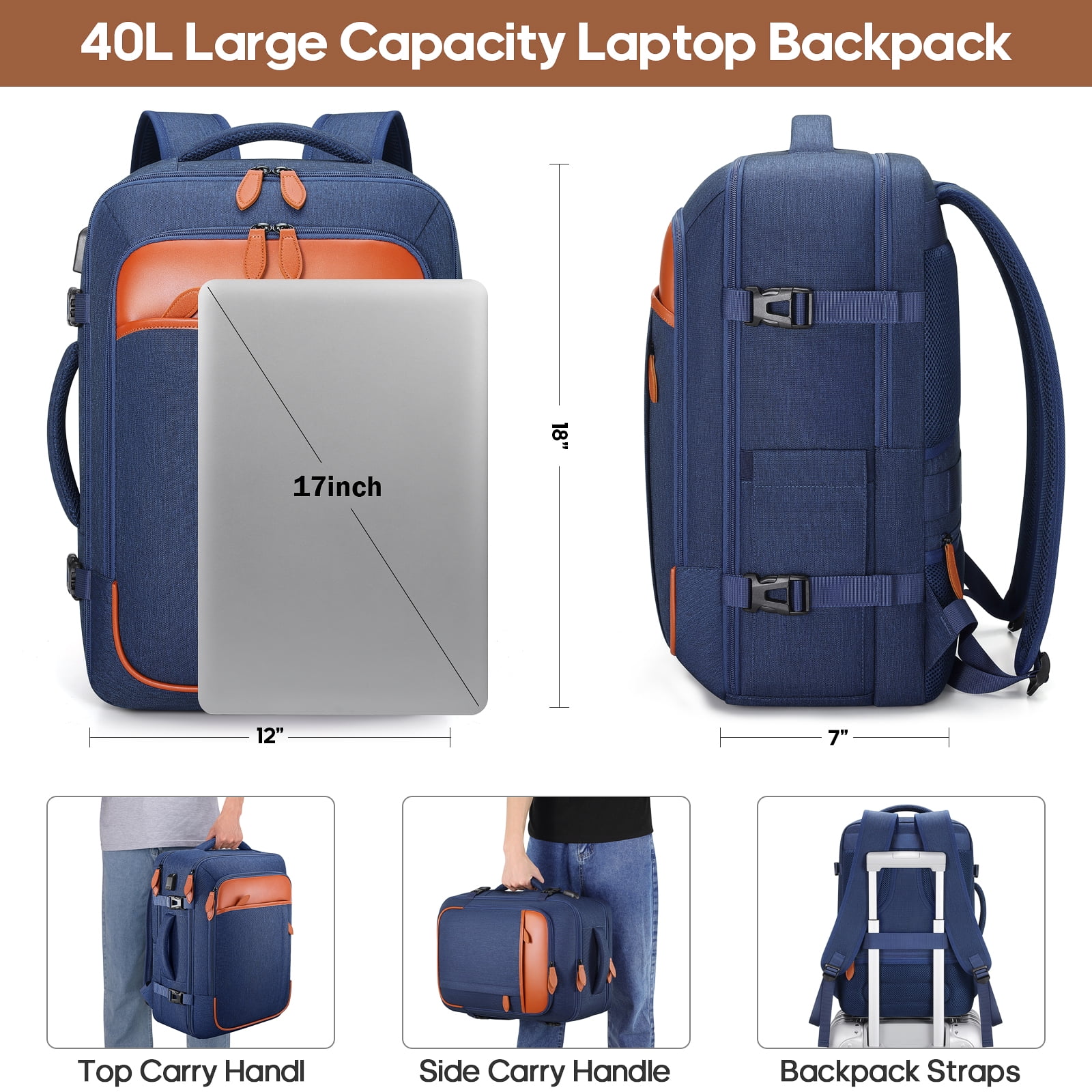 UKEIN Travel Backpack for Men & Women Carry On Backpack Flight Approved 40L Waterproof Anti-Theft Personal Item Backpack with Packing Cubes and Shoe Pocket