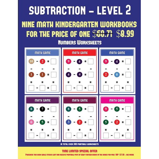 numbers worksheets numbers worksheets kindergarten subtraction taking away level 2 30 full color preschool kindergarten subtraction worksheets includes 8 printable kindergarten pdf books worth 60 71 series 11 paperback walmart com