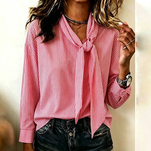 ClodeEU Women's Long Sleeve Tie V Neck Striped Shirt,Casual Loose Fit Button Down Blouse Pink,Women's Plus L