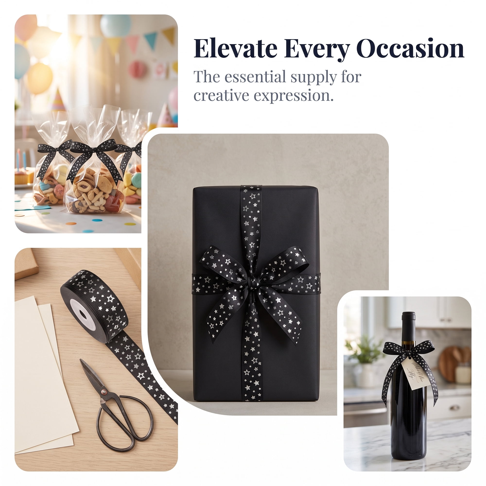 Unique Bargains Elegant Star Pattern Fabric Ribbon for Creative Presentations Black Star