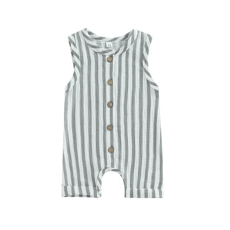 

Infant Baby Boy Girl Summer Linen Sleeveless Button Down Romper Striped Jumpsuit