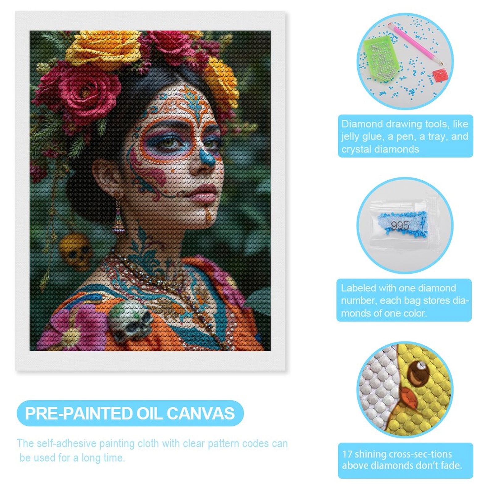 Diamond Art Kits for Adults, Colorful Floral Face Art Portrait 5D Diamond Painting Kits for Adults Beginners, DIY Full Drill Diamond Painting, Gem Art and Crafts 12x16