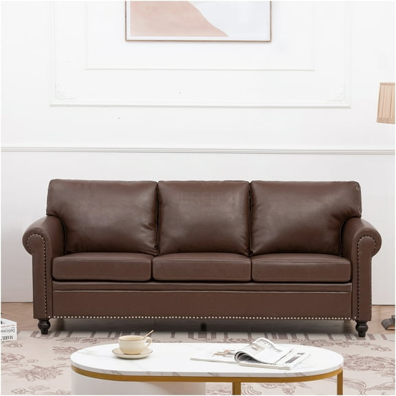 JERFIT Modern Brown 3-Seater Fabric Sofa with Rolled Arms and Nailhead Trim for Living Room