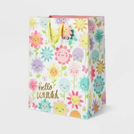 XLarge 'Hello Beautiful' Happy Floral Baby Shower Gift Bag  Multicolor Botanical for Baby Girl