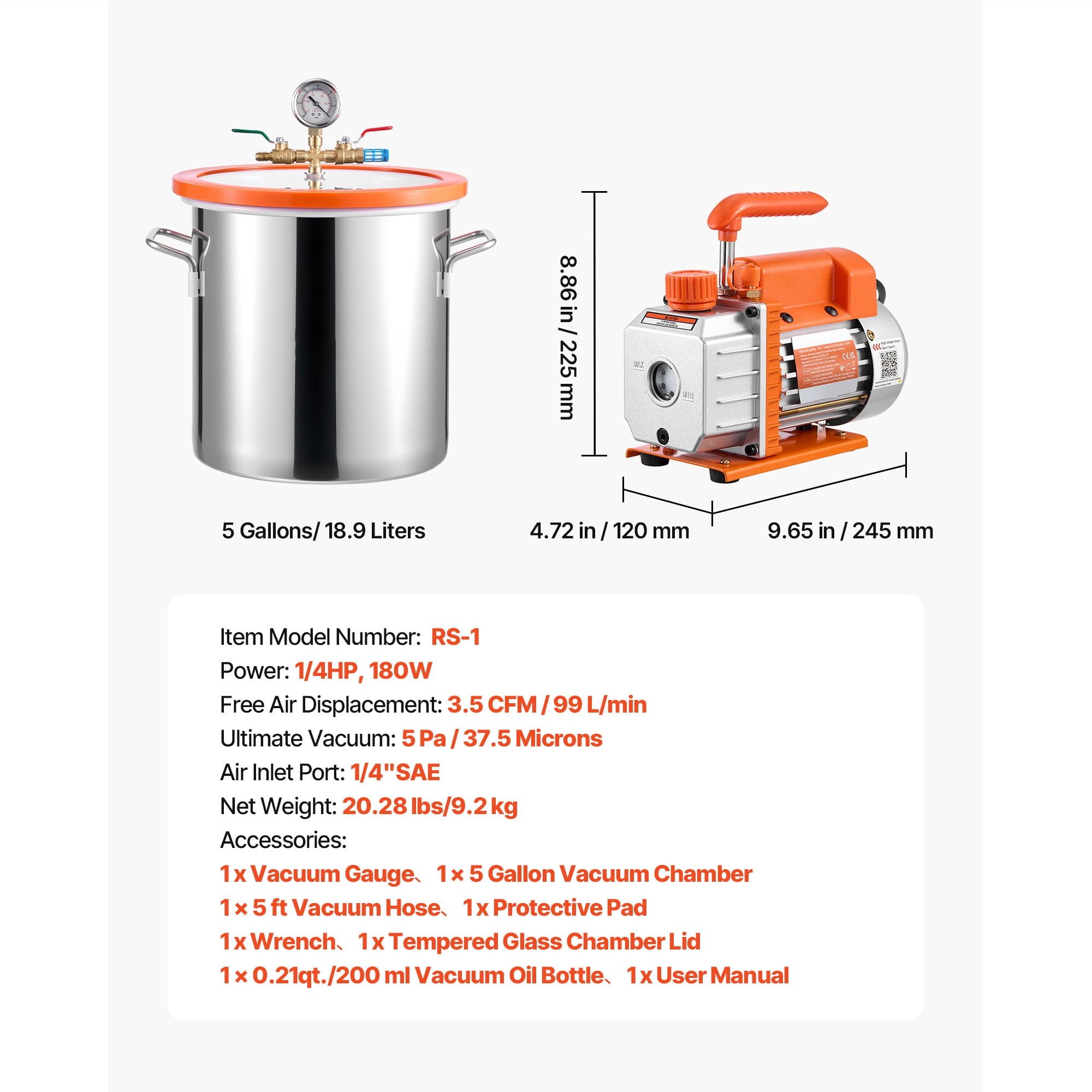 KFFKFF 5 Gallon Vacuum Chamber Kit with Pump, 3.5 CFM Single Stage Vacuum Pump, Stainless Steel Chamber with Tempered Glass Lid, 5 ft Hose, Ideal for Wood Stabilization and Silicone Resin Degassing