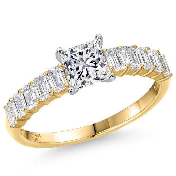 Gem Stone King 14K Two Tone Gold DEF Lab Grown Diamond Engagement Ring for Women | 1.62 Cttw | Princess 5MM | Gemstone April Birthstone | Size 5