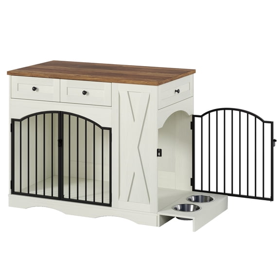 ZephyPaws 43.3" Farmhouse Dog Crate Furniture, Heavy Duty Dog Crate with 3 Drawers, Indoor Wooden Dog Kennel with Removable Feeder, Dog Cage End Table for Medium Large Dogs,Brown