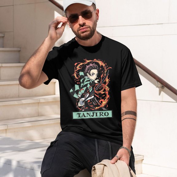 Men Anime Demon Slayer Shirt Kamado Tanjirou Print T-Shirts Cosplay Shirts Fashion Casual Shirt Black -Small