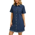 thumbnail image 4 of INSPIRE CHIC Women's Denim Button Front Frayed Hem Collared Short Sleeve Midi Dresses S Dark Blue, 4 of 6