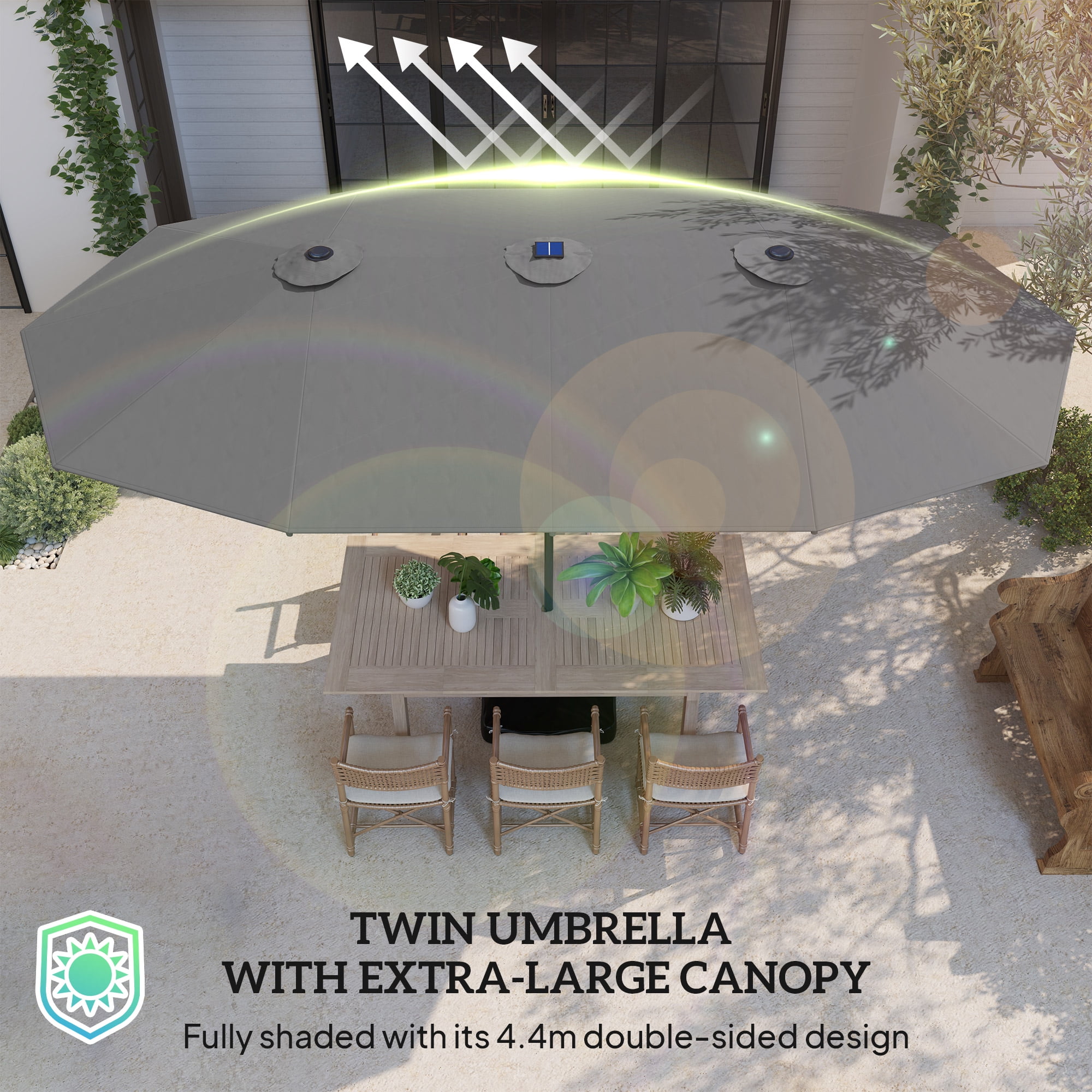 Outsunny Double-Sided Sun Umbrella, Outdoor Garden Parasol, Patio Sun Shade with LED Solar Light, Sand Base, Gray
