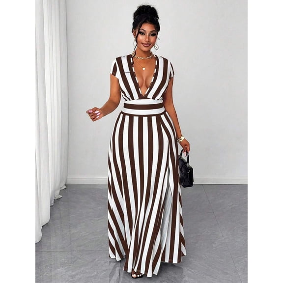 Plus Size Womens Brown And White Striped Deep V-Neck Cap Sleeve Maxi Dress With Waist Tie