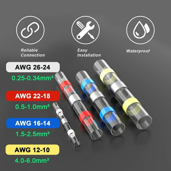 Pack 100PCS Solder Sleeve Seal Heat Shrink Butt Wire Connectors Terminals 5Sizes