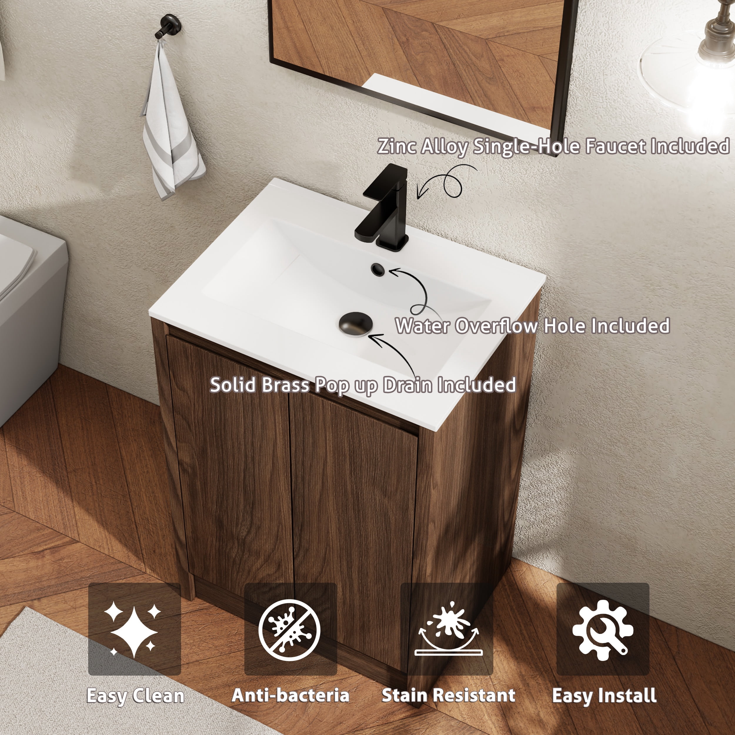 24" Wood Bathroom Vanity Set with Sink Top, Faucet and Drain, Without Mirror