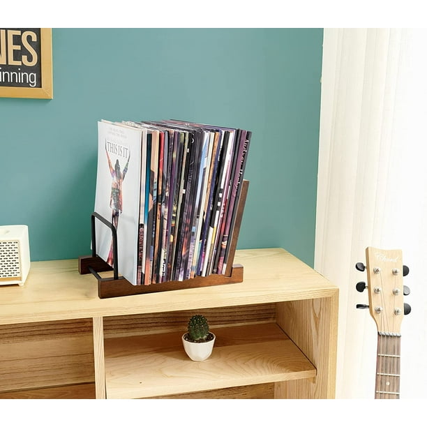 HTAIGUO Support de rangement pour disque vinyle Présentoir d'album moderne  en bois massif avec support en métal noir Organisateur de décoration de  ferme pour disque vinyle, peut contenir jusqu'à 35 albums, 11,8''L