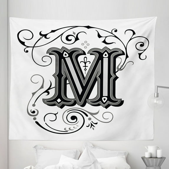 Letter M Tapestry, Abstract Ornamental Design in Dark Color Scheme Swirls and Lines Eastern, Fabric Wall Hanging Decor for Bedroom Living Room Dorm, 5 Sizes, Black Grey White, by Ambesonne