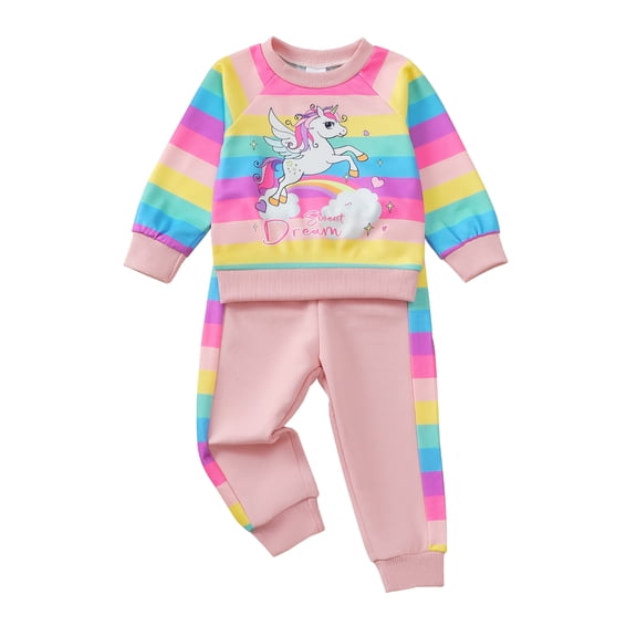 12 Months Baby Girls Clothes 18 Months Girls 2PCS Fall Winter Outfits Set Unicorn Print Toddler Girls Long Sleeve Rainbow Top Pants Set Pink