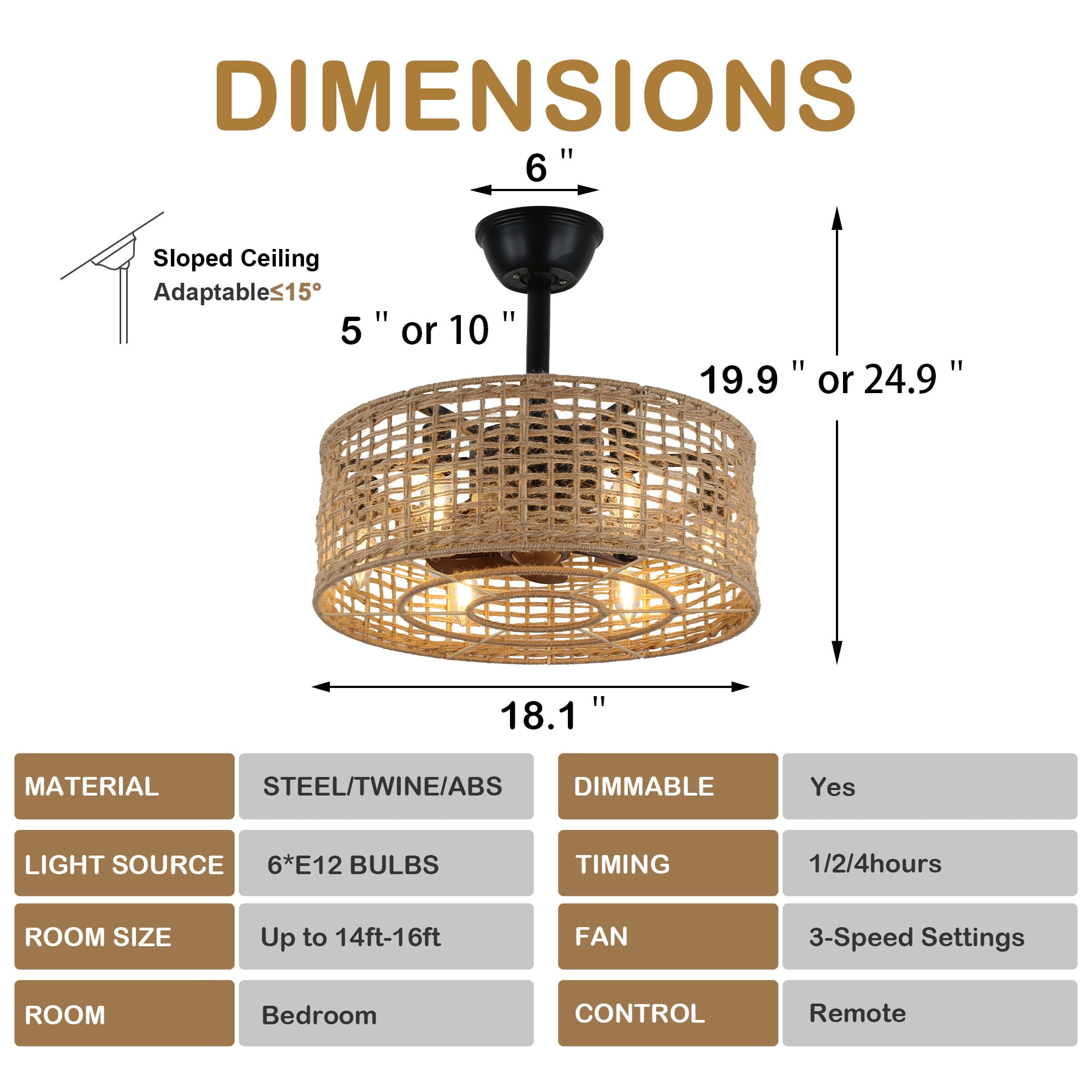 Chords Attic Boho Farmhouse Woven Hemp Rope Caged Ceiling Fan with Lights and Remote Control, 3 Speeds, 6-Light Fandelier for Bedroom, Living Room, Kitchen