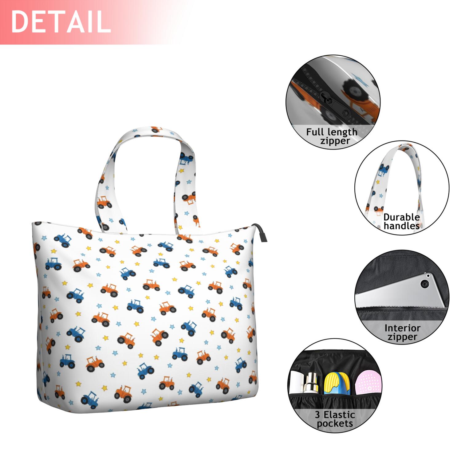 Cartoon Tractors Stars White Pattern Travel Tote Bags for Women Carry On,Large Weekender Bags for Women Travel,Multi Functional Duffle Bag for Work,Shopping,Sports