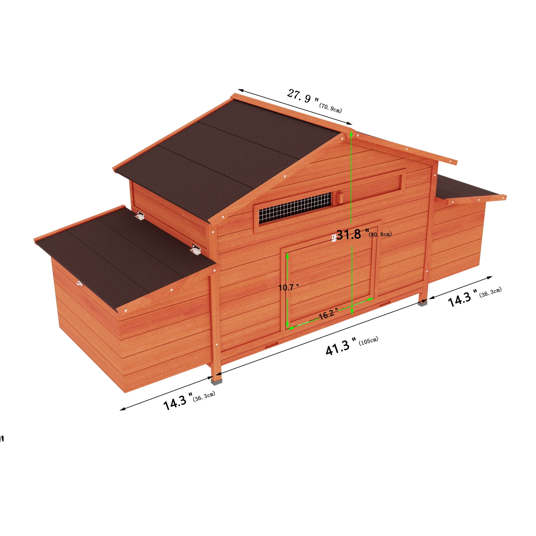 Pefilos 67" Outdoor Chicken Coop with Nest Boxes, Solid Firwood Rabbit Cages, Large Hen House with Water-Resistant Roofs, Orange
