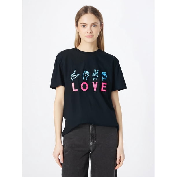 Love Sign Language Tee Cute Pink Valentines Day T-ShirtFather's Day, Mother's Day, New Year, SpringCamisetas para mujer, lindas camisetas con estampado gráfico, de manga corta, estilo casual, para ve
