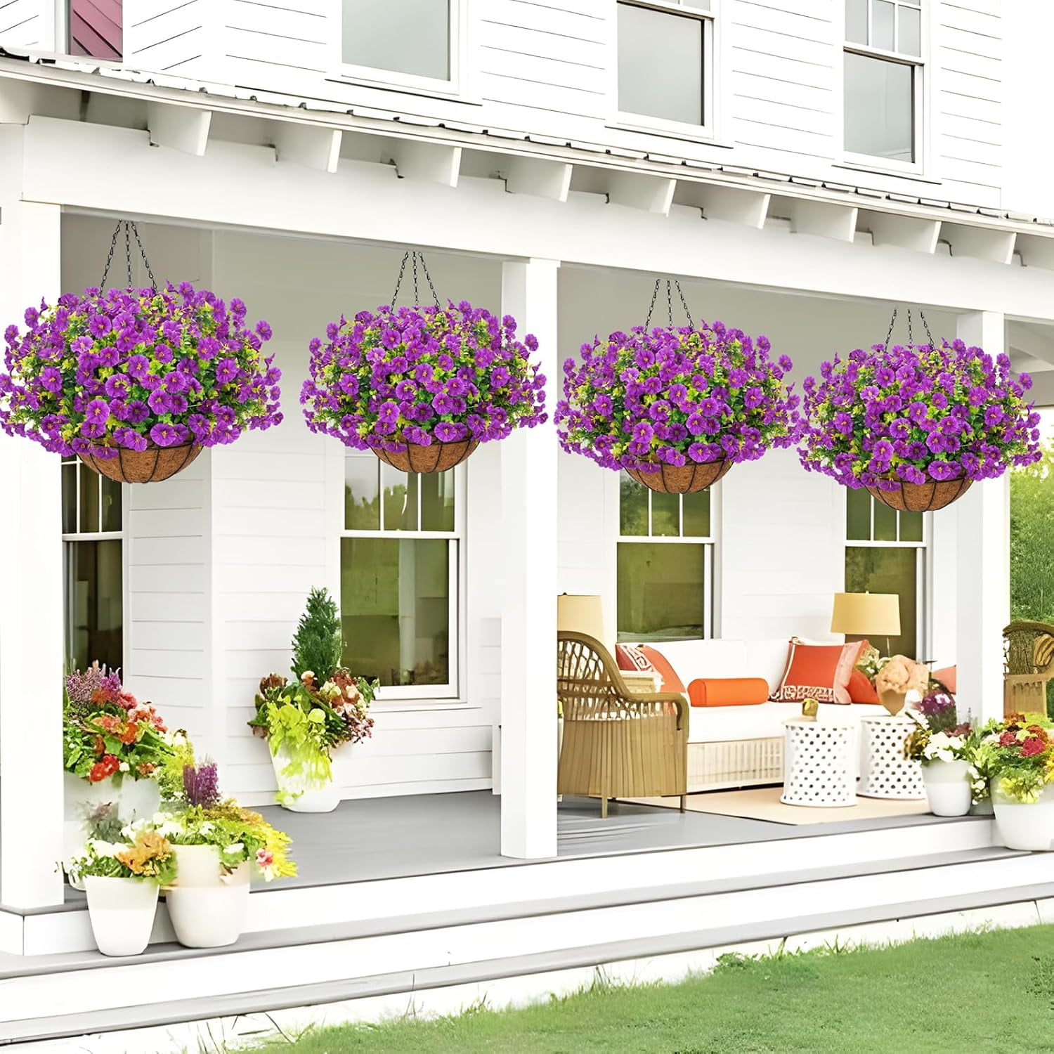 Lyacmy Purple Artificial Hanging Flowers in Basket for Indoor Outdoor, 10Pcs Fake Boxwood Petunias with Eucalyptus Leaves with 20Inch Coconut Lining Chain Flowerpot