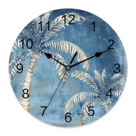 Wall Clock Blue Palm Tree Clocks PVC Silent Non-Ticking Battery Operated Decorative Summer Tropical Jungle Round Clock for Home Living Room Kitchen Bedroom Office School Wall Decor 10 Inch