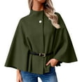 thumbnail image 4 of Women's Elegant Woolen Cape Coat - Solid Color Waist Tie Hooded Outerwear, Stylish Warm Winter Jacket, Army Green Size L, 4 of 6