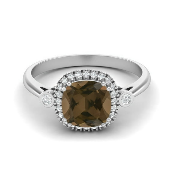 7mm Cushion Smoky Quartz 925 Sterling Silver Solitaire Accents Women Valentines Day Gifts Ring