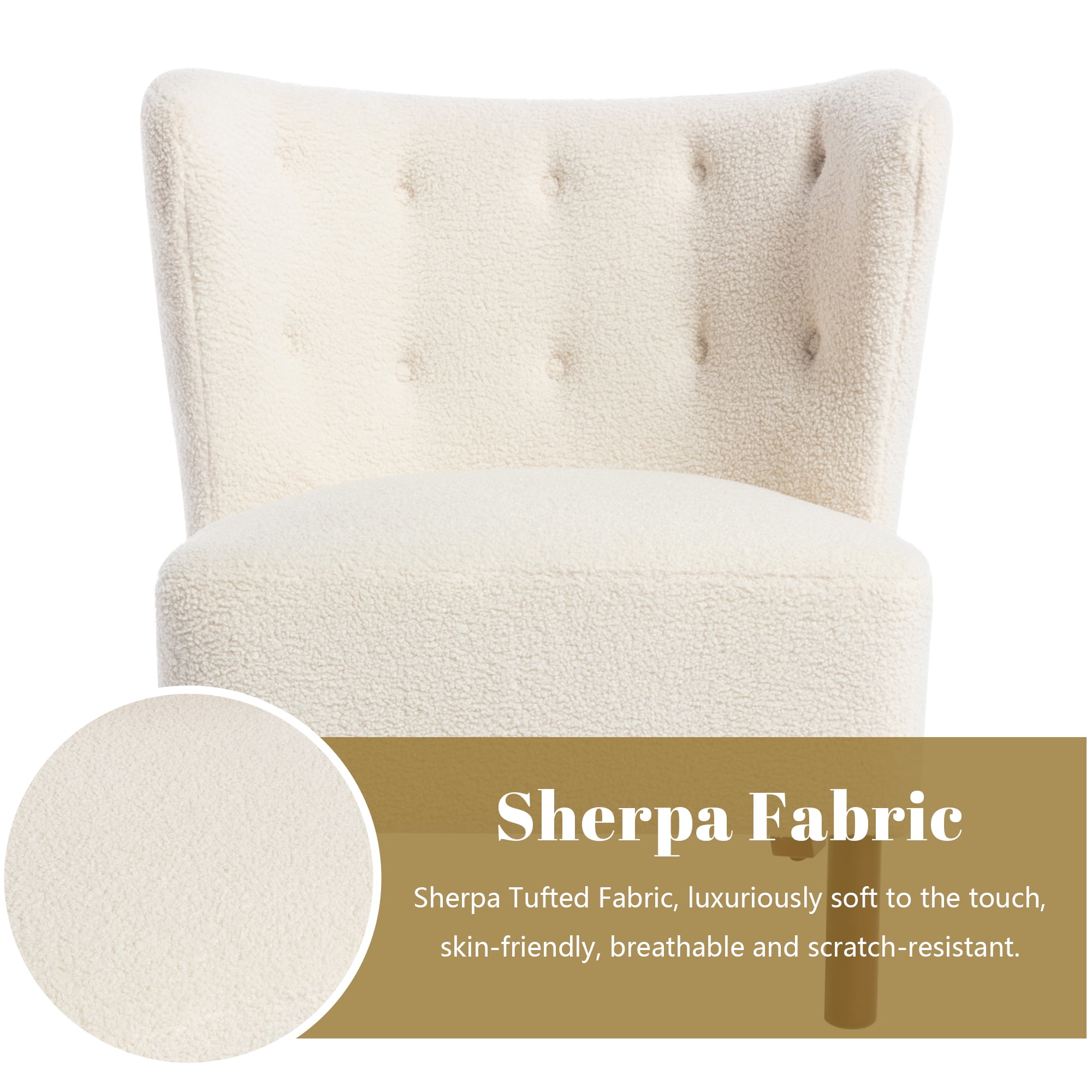 Miniyam Sherpa Boucle Accent Chair with Wooden Legs,Round Upholstered Armless Chair for Small Spaces,Reading Chair,White