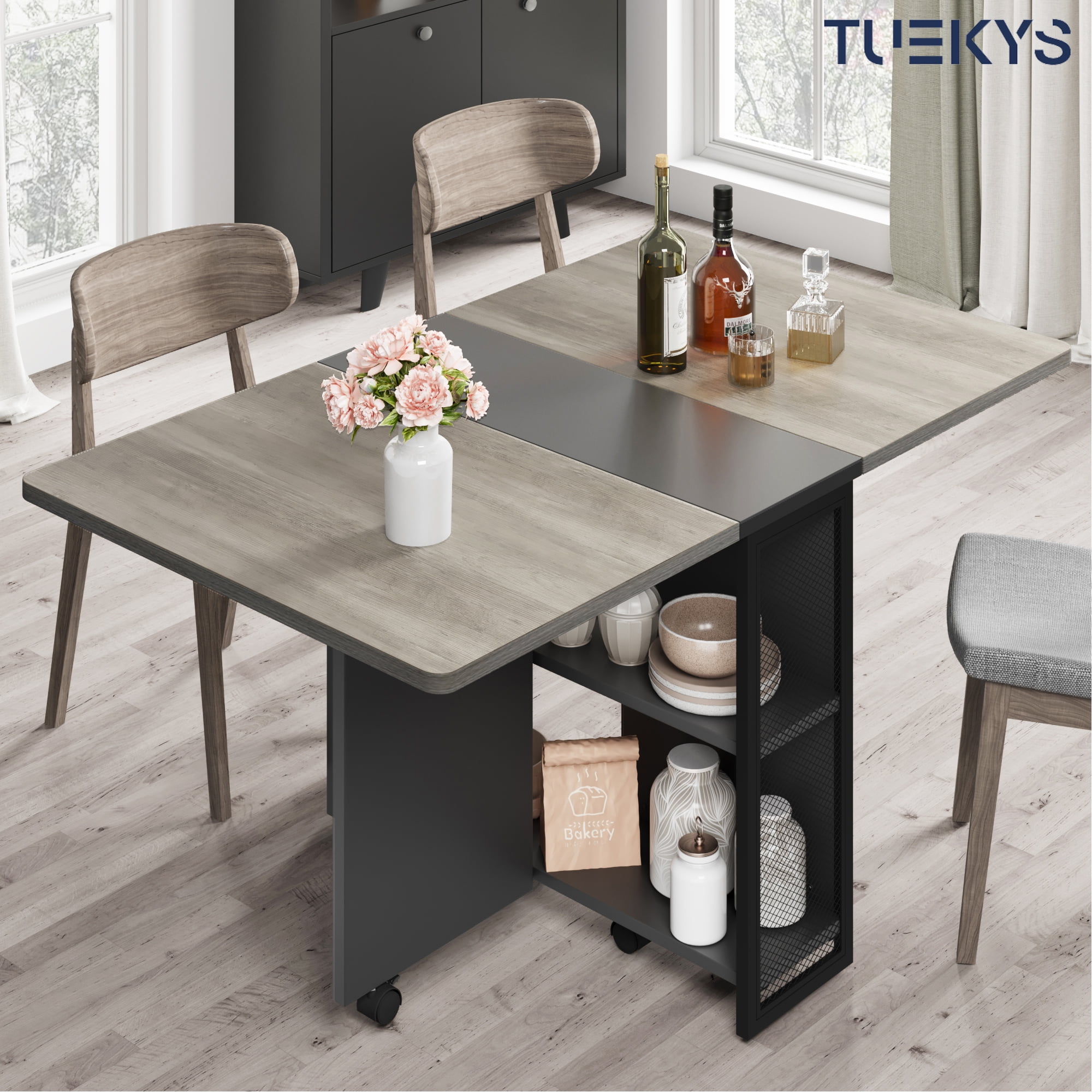 Tuekys Folding Dining Table Drop Leaf Kitchen Table with 2 Storage Racks-Perfect for Small Spaces Multifunction Space Saving Table Extension Dinner Table Kitchen Office Desk Gray