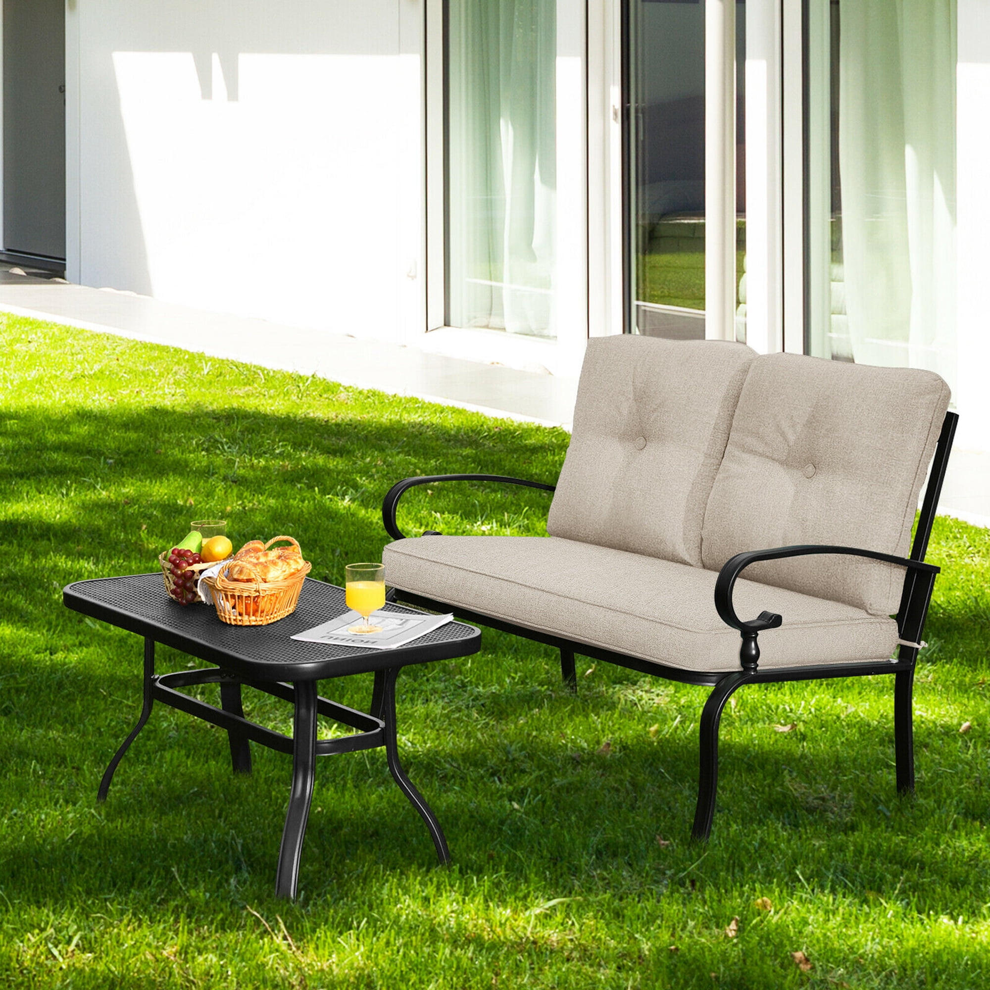 Gymax Fashion 2PCS Patio Loveseat & Table Set Conversation Sofa Set w/ Beige Cushions
