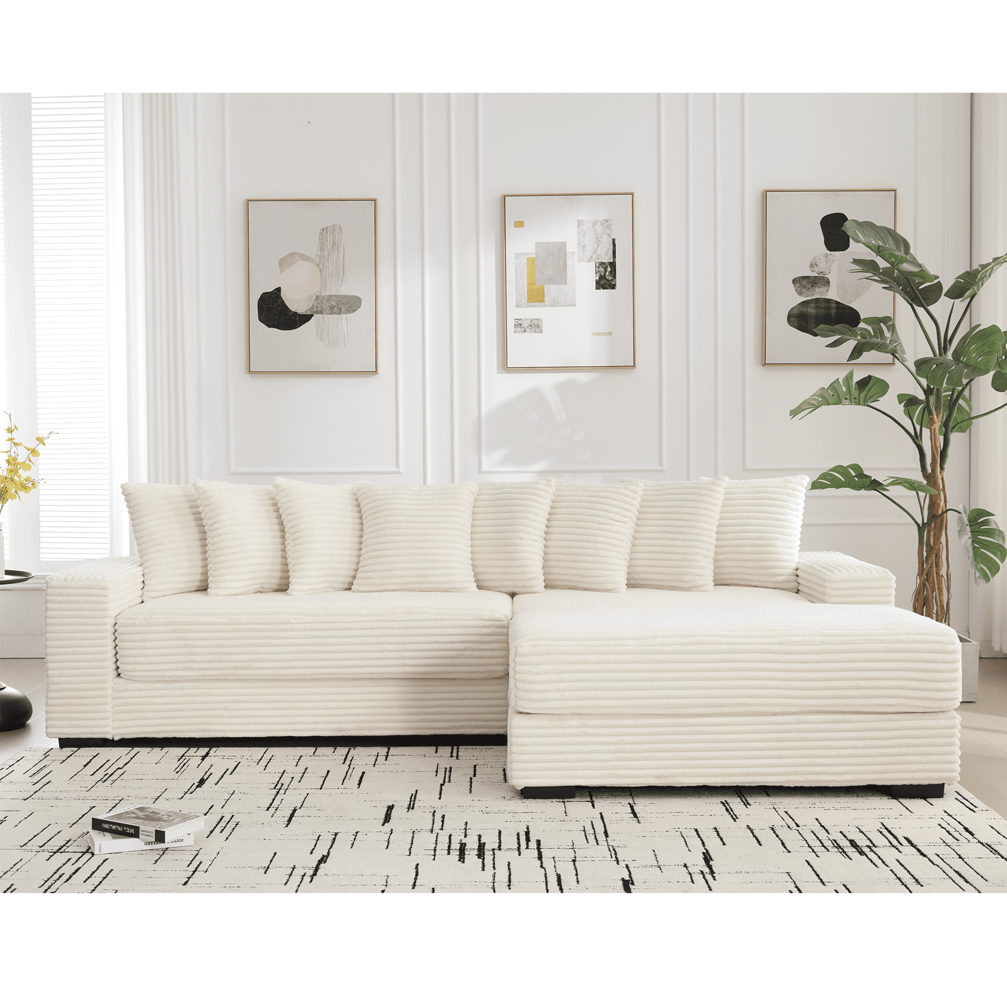 AISWORD 111" Oversized 3-Seat L-Shaped Sectional Sofa with Left Chaise, Luxury Corduroy Fabric Modular Couch with 8 Throw Pillows, Easy Assembly for Living Room
