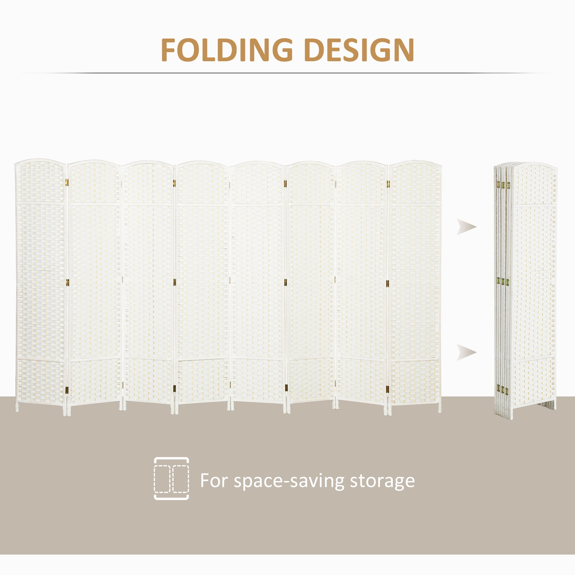 HOMCOM Room Divider, 8 Panel Folding Privacy Screen, 5.6' Tall Freestanding Partition for Home Office, Bedroom, White
