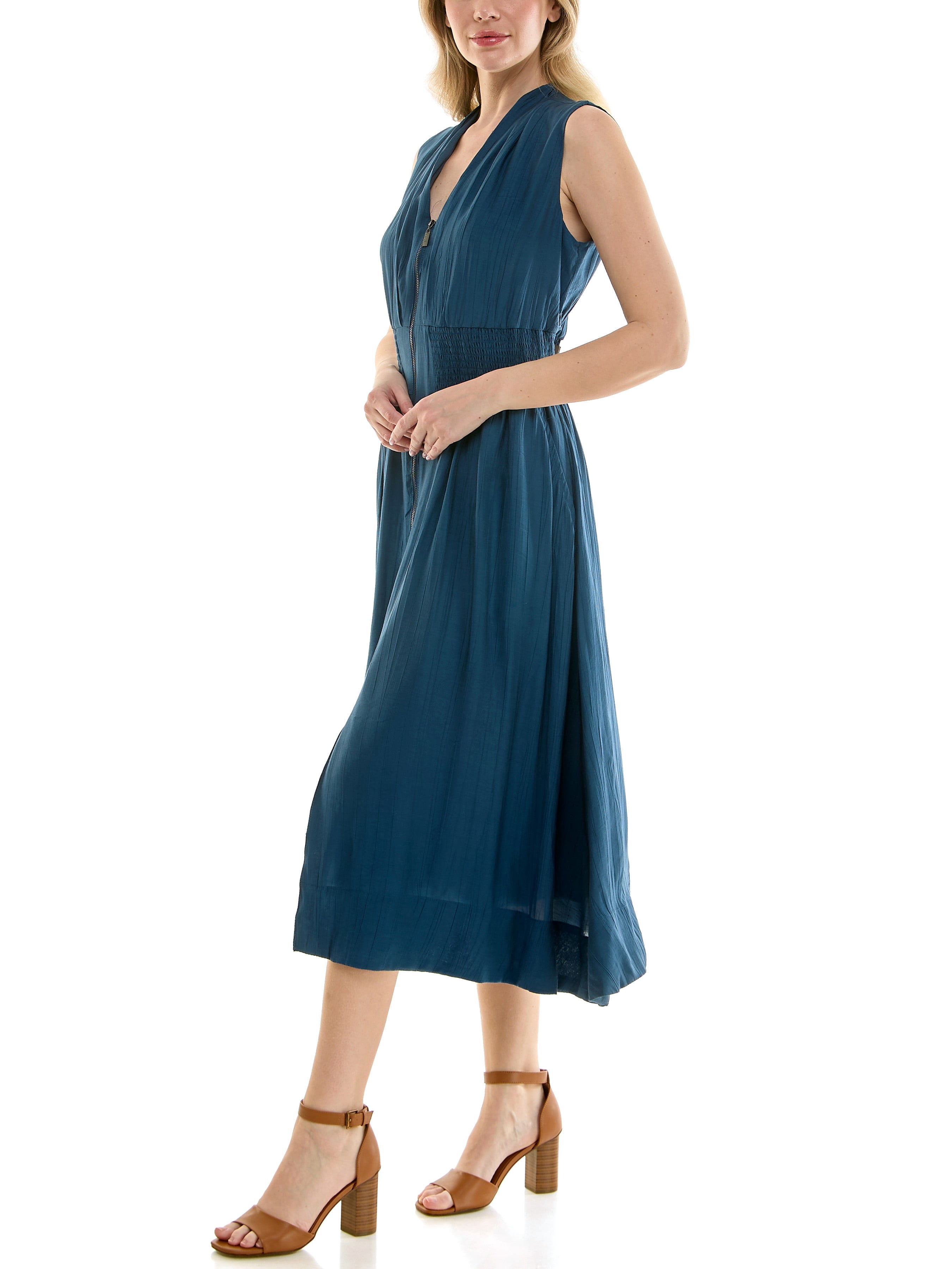 Sleeveless, V-Neck, smocked empire waist, zip front, fit & flare, midi dress in soft crinkle fabric,S-XL