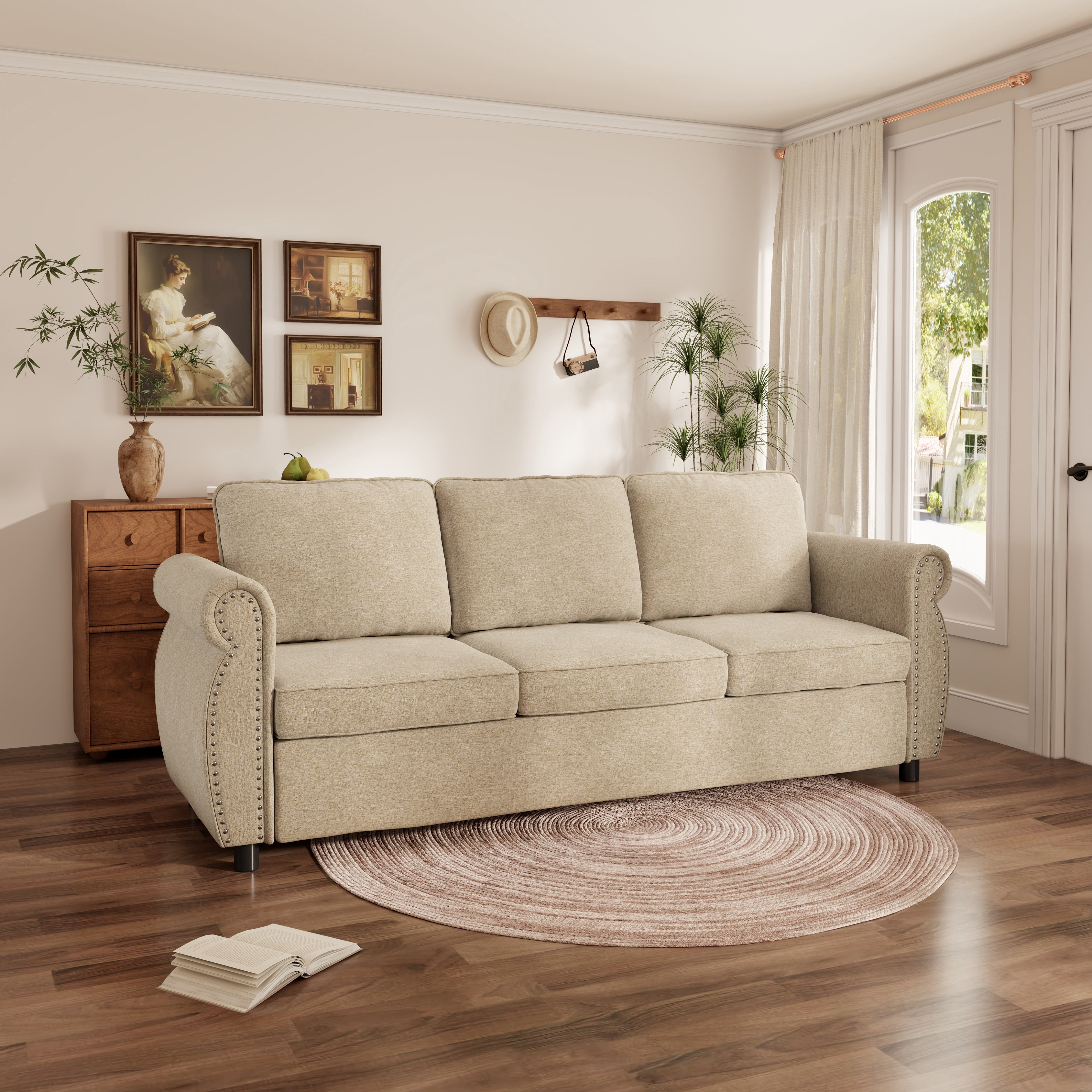 Muumblus Queen Size Pull Out Sofa Bed, 2-in-1 Convertible Sleeper Couches with Memory Foam Mattress, 3 Seat Sleeper Couch Beds for Living Room, Beige