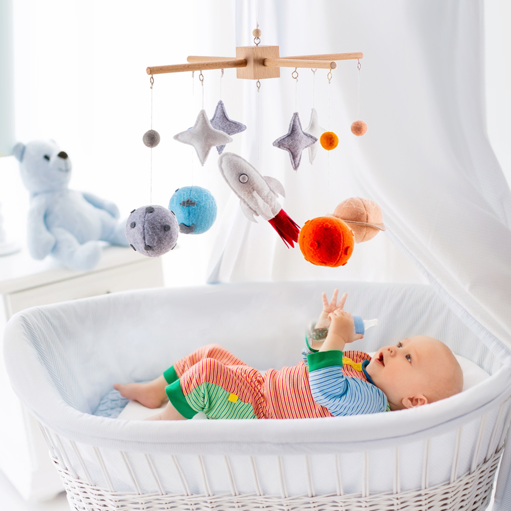 Planet Crib Bell – Baby Bed Hanging Wind Chime with Stars & Rocket Pendants, Wooden Rotating Swaying Bell for Newborn Infant Sensory & Nursery Room Decoration