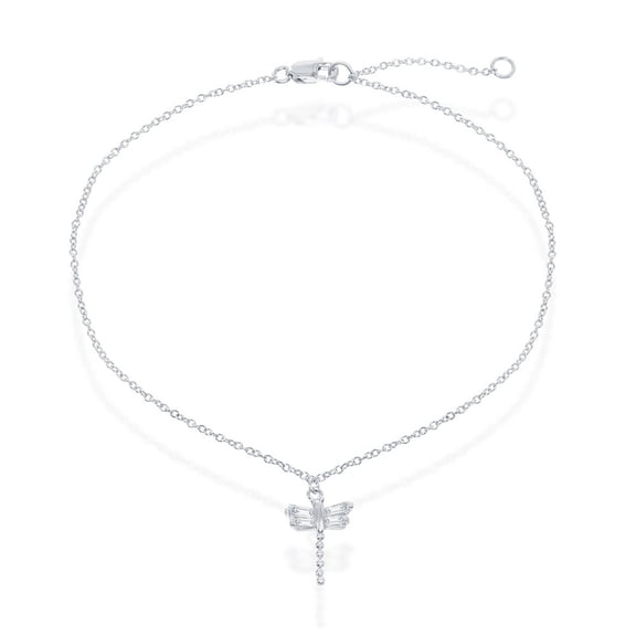 925 Sterling Silver Baguette Cubic Zirconia Dangling Small Dragonfly 9 1" Charm Anklet
