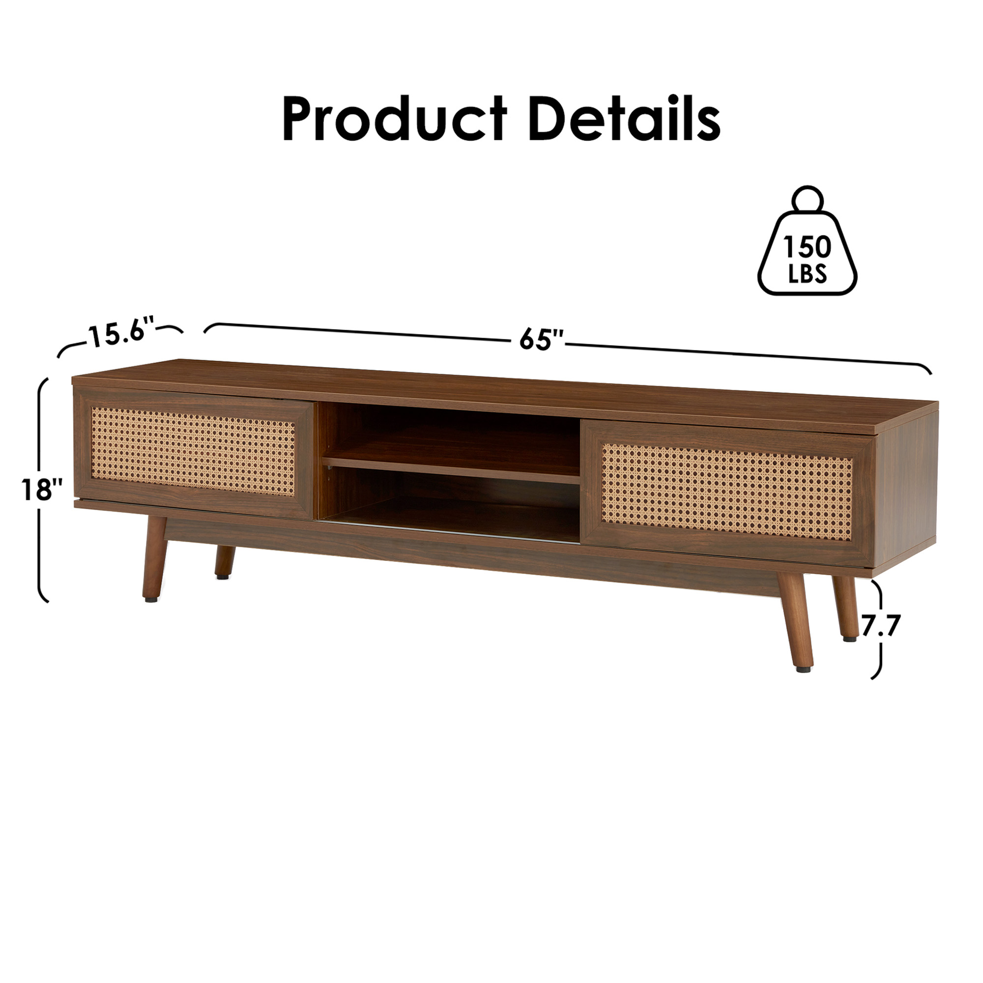 MAYEERTY Light Walnut 65" Mid Century Modern TV Stand, Boho Media Console with Cable Management for Living Room