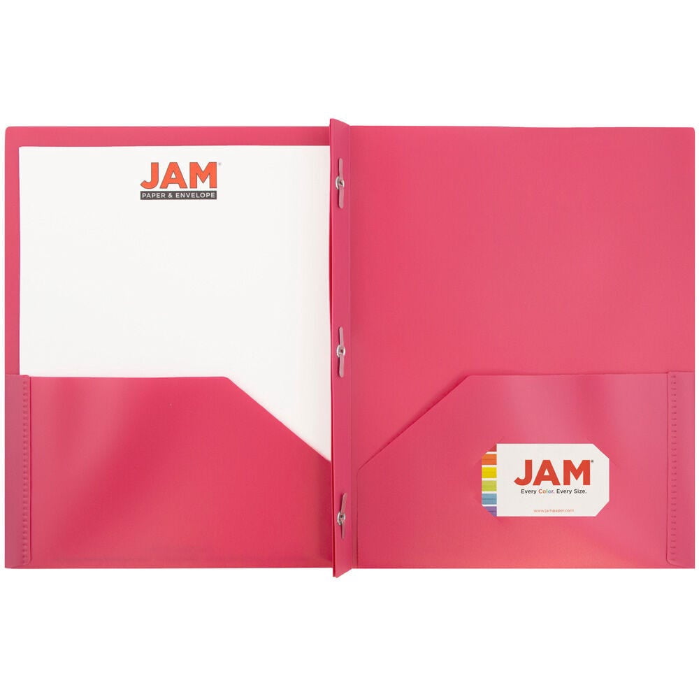 JAM Paper Plastic 2 Pocket POP Folders with Prongs Fastener Clasps, Fuchsia Hot Pink, Bulk 48/Pack
