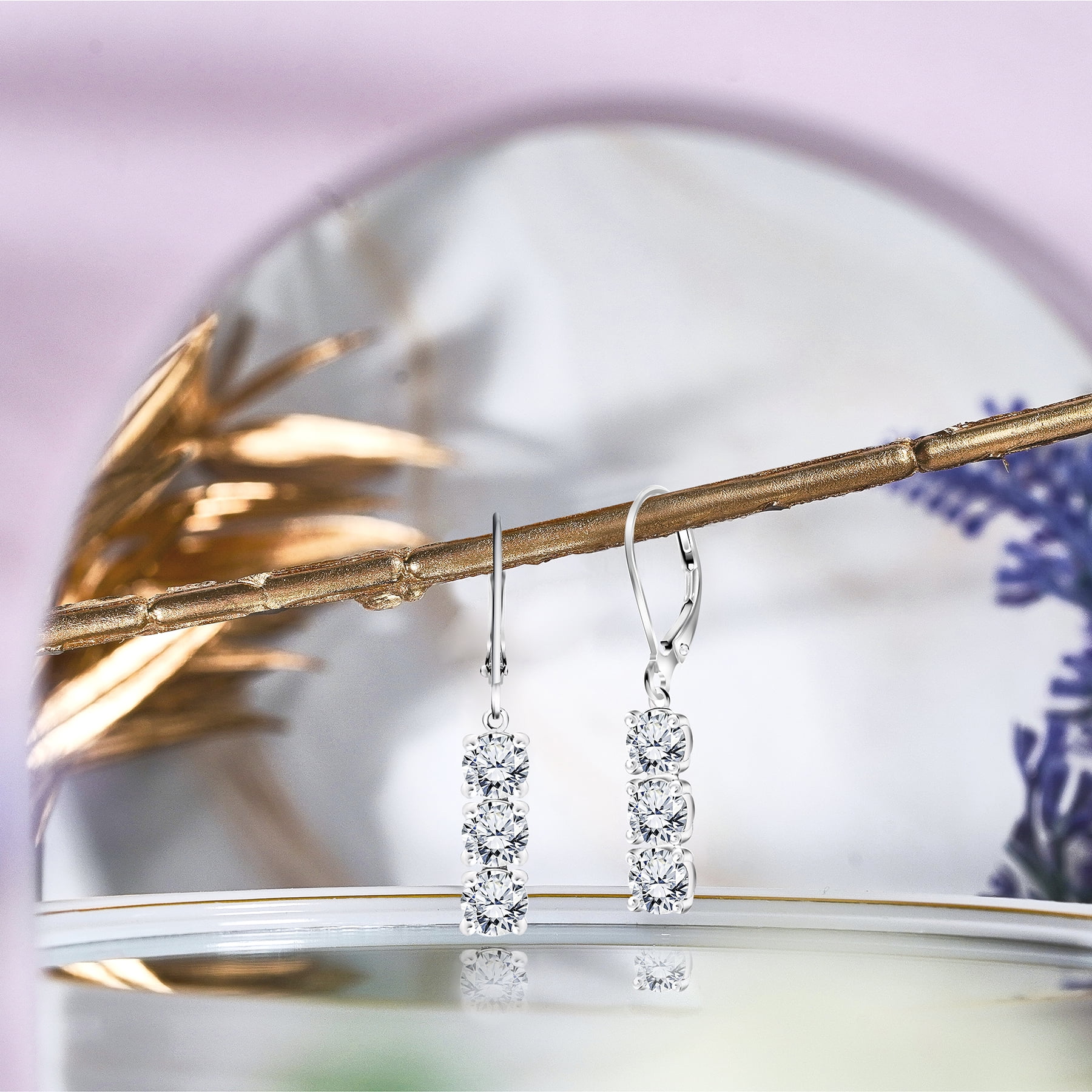 JeenMata 1 Carat Round Cut Moissanite Three Stone Drop Leverback Earrings in 18k White Gold over Silver