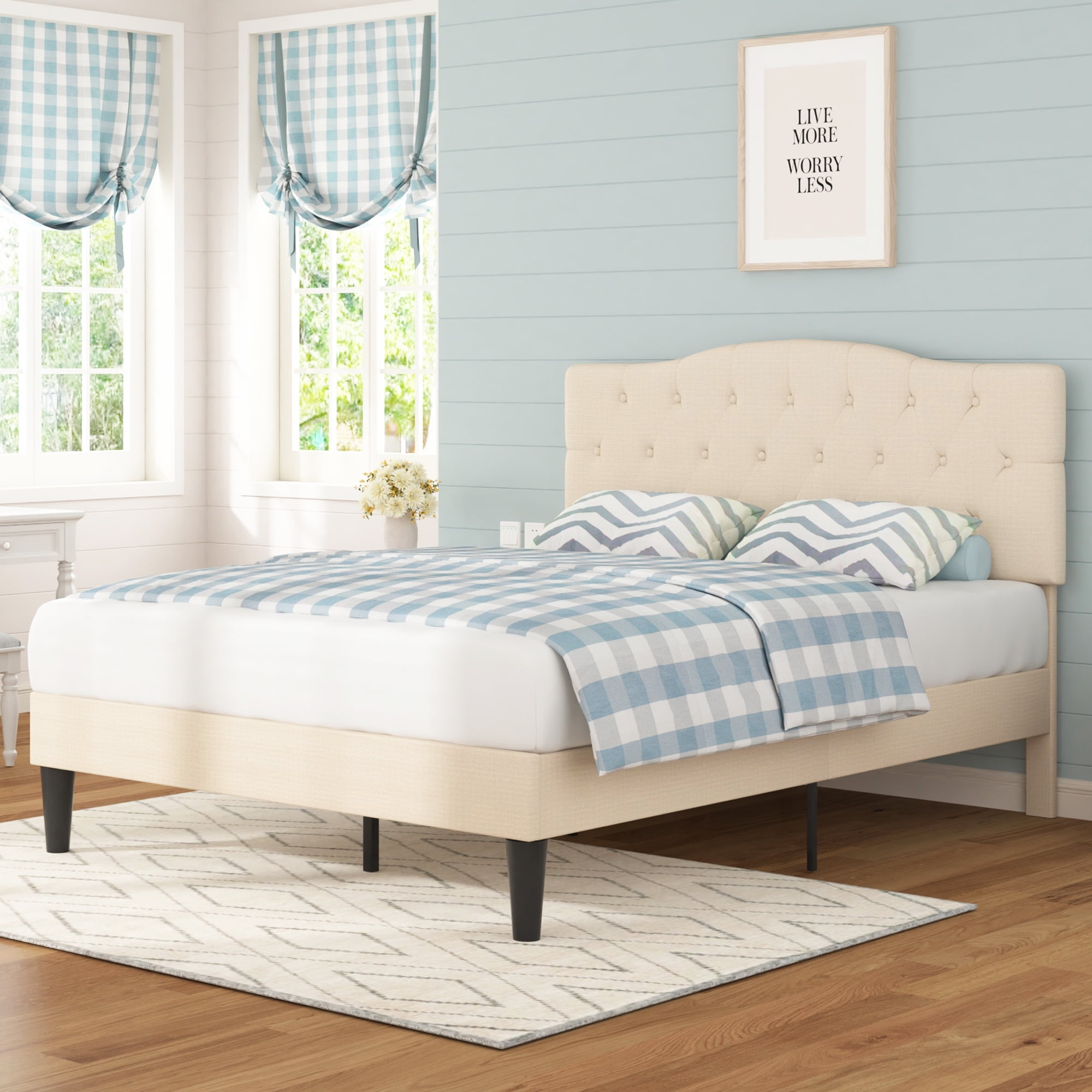 VECELO Queen Upholstered Platform Bed Frame with Diamond Tufted Adjustable Headboard, Wooden Slats Support, No Box Spring Needed, Beige
