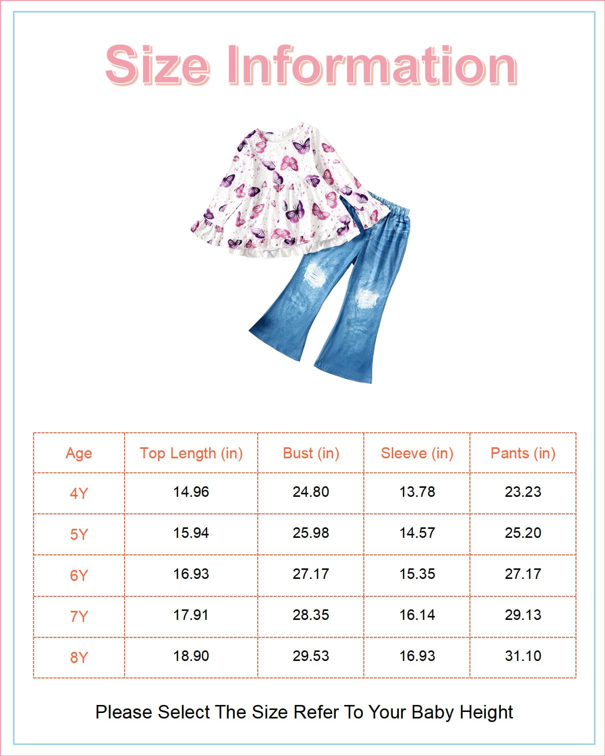 4T Baby Girls Clothes 4T Girls 2PCS Denim Outfits Set Butterfly Print Round Neck Toddler Girls Long Sleeve Top Denim Pants Set White