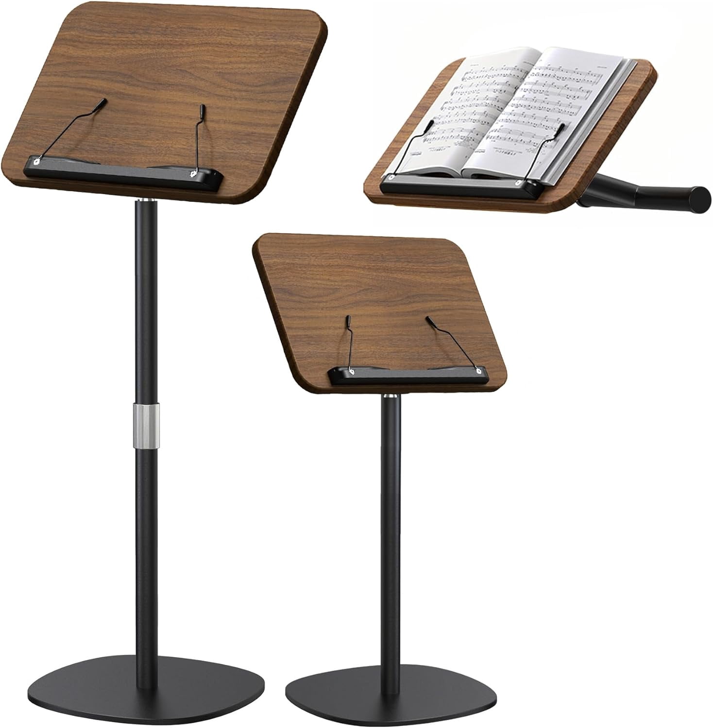 2-in-1 Dual-Use Music Stand & Tabletop Stand, Heavy Duty Wooden Music Stand for Sheet Music, Adjustable Height & Angle, With Page Paper Clip, Ideal for all musicians (Walnut Effect)