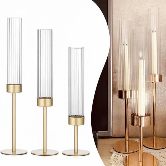 Meiiso Hurricane Proof Glass Candle Holders Candles and Candle Holders, Fluted Candle Holder Ribbed Glass Candle Holder Gold Candlestick Holders Metal