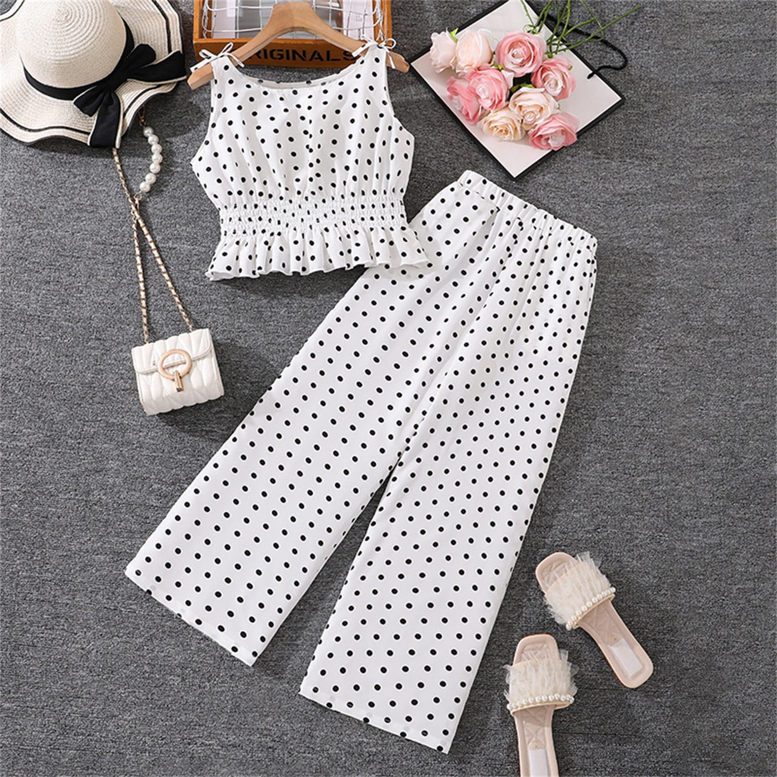 REDARER Girls Summer Outfit Polka Dot Bow Strap Sleeveless Ruffle Hem Crop Top High Waist Wide Leg Pants 2 Piece Set,11-12 Years