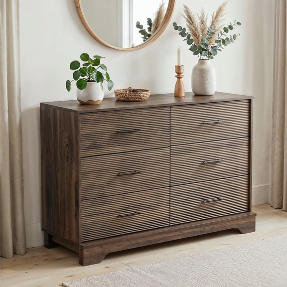 CHITOOMA 6 Drawer Fluted Dresser for Bedroom, Modern Wooden Long Dresser, Storage Cabine Chest of Drawers for Living Room Hallway, Walnut