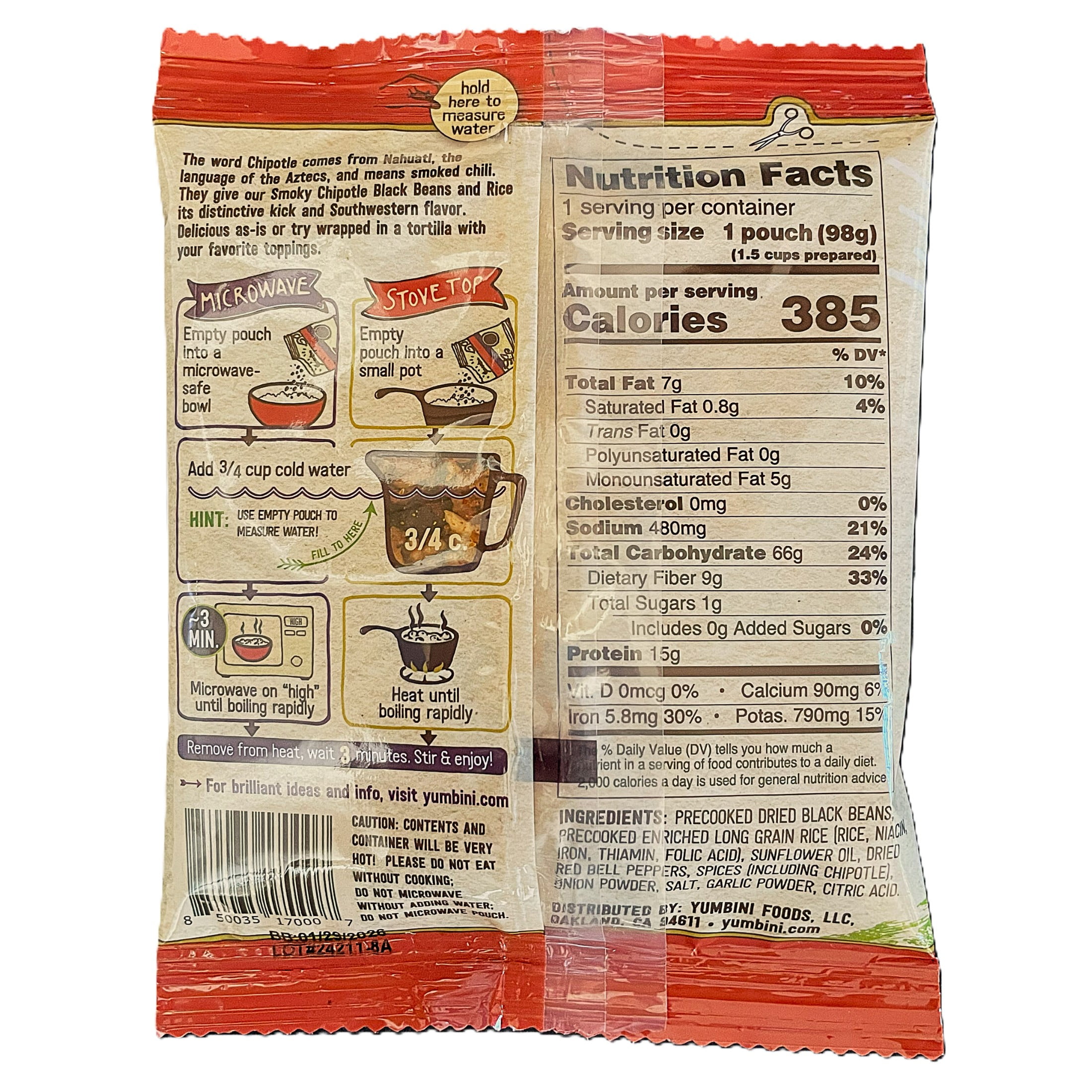 (4 pack) Yumbini Smoky Chipotle Quick Black Beans and Rice Dry Mix, Vegan, Gluten-Free, 3.5oz, Lightweight, Shelf Stable Pouch