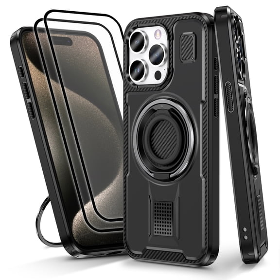 Hotpom for iPhone 15 Pro Case with 2 Pack Screen Protector, Double Ring Kickstand, Heavy Duty Shockproof Drop Protection and Rugged Anti-Scratch Phone Cover, Black