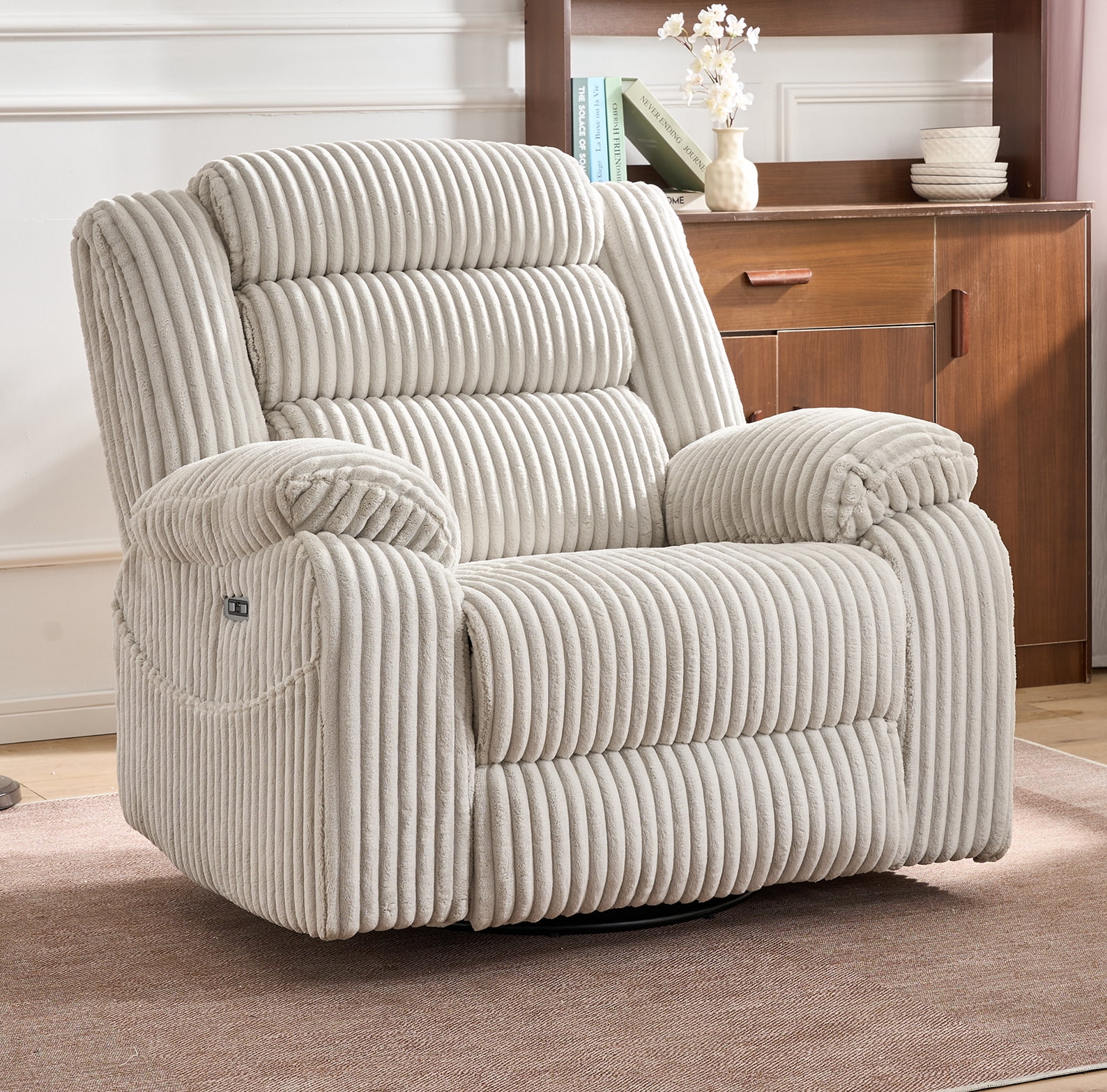 Leumius Extra Wide Power Recliner Chair,270° Swivel Rocking Chair with Heat & Massage,USB & Type C Charging Port,Velvet Upholstered Recliner with Side Pockets for Living Room, Bedroom, Nursery,White