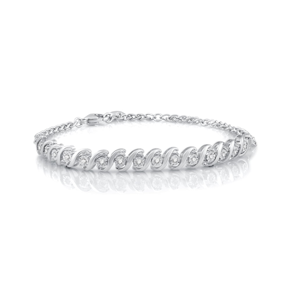 Genuine Diamond Accent Rectangle and Bar Tennis Bracelet in Silver Tone